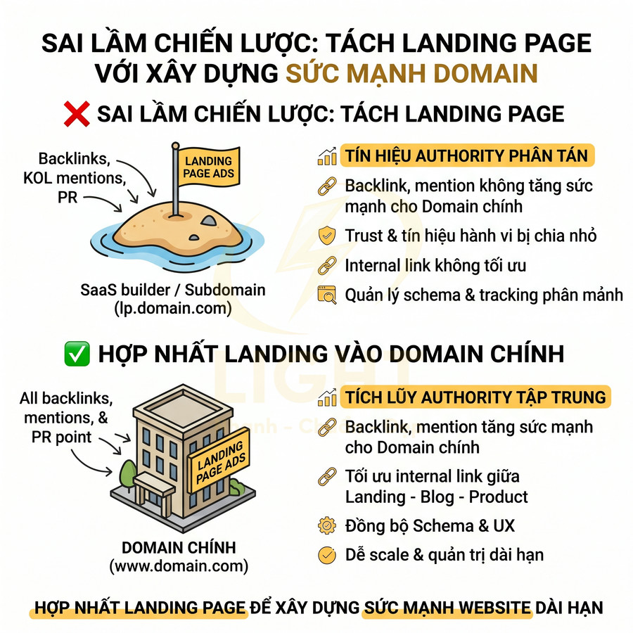 Infographic so sánh sai lầm tách landing page và giải pháp hợp nhất landing vào domain chính để tăng sức mạnh SEO