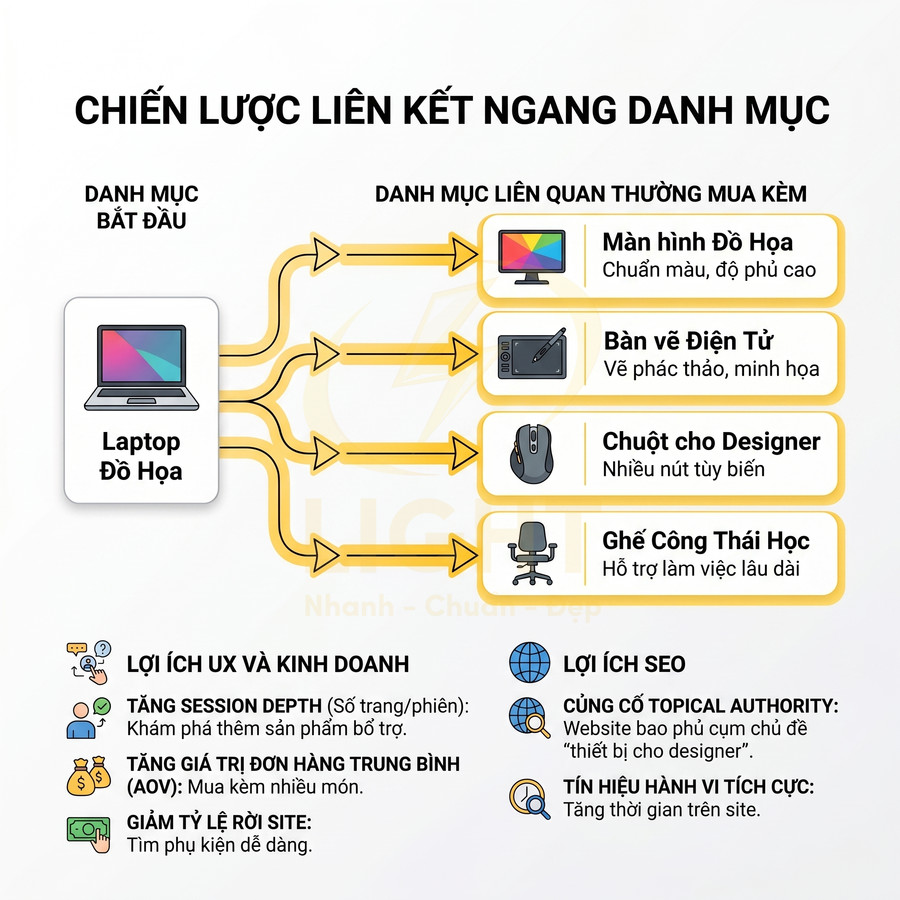 Chiến lược liên kết ngang danh mục cho laptop đồ họa với màn hình, bàn vẽ điện tử, chuột designer và ghế công thái học