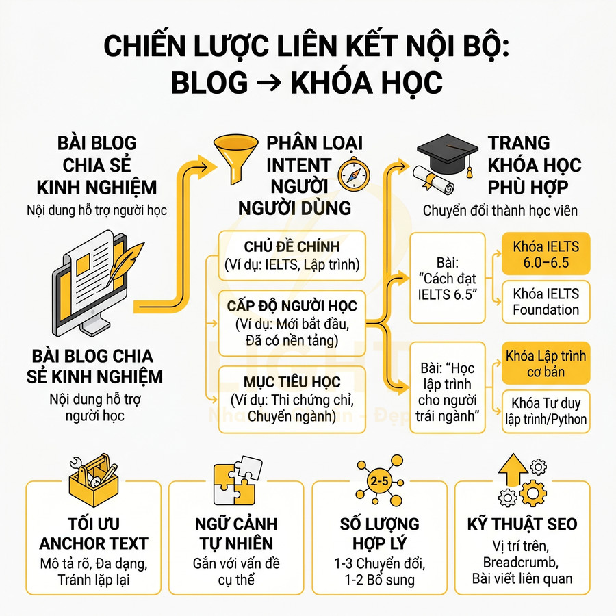 Chiến lược liên kết nội bộ từ bài blog chia sẻ kinh nghiệm đến trang khóa học phù hợp cho người học