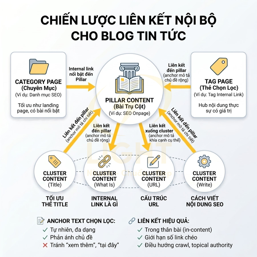 Sơ đồ chiến lược liên kết nội bộ cho blog tin tức với pillar content và các cluster content hỗ trợ SEO