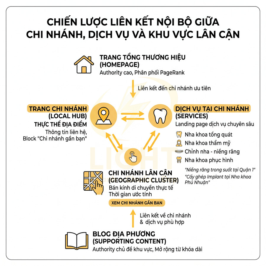 Chiến lược liên kết nội bộ giữa trang chủ, chi nhánh, dịch vụ nha khoa và blog địa phương