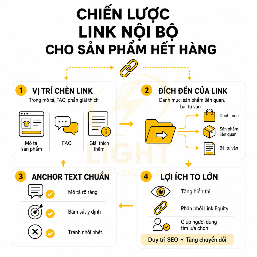 Chiến lược chèn link nội bộ cho sản phẩm hết hàng với vị trí, đích đến, anchor text chuẩn và lợi ích SEO