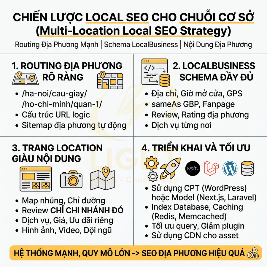 Chiến lược local SEO cho chuỗi cơ sở với routing địa phương, schema LocalBusiness và tối ưu trang location