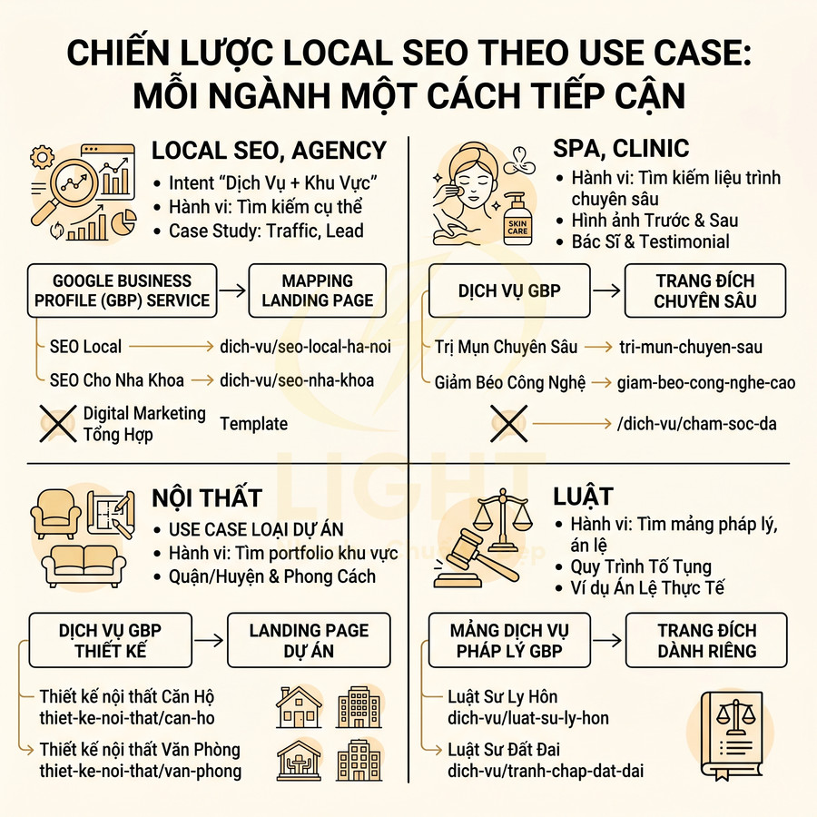 Chiến lược local SEO theo use case cho agency, spa clinic, nội thất và luật với sơ đồ dịch vụ GBP và landing page