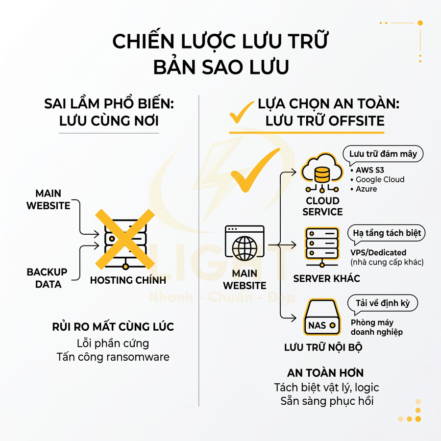 Chiến lược lưu trữ bản sao lưu website an toàn với backup offsite trên cloud, server khác và NAS nội bộ