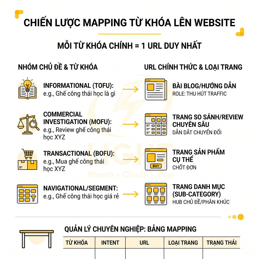 Chiến lược mapping từ khóa lên website theo intent và loại trang để tối ưu SEO và chuyển đổi