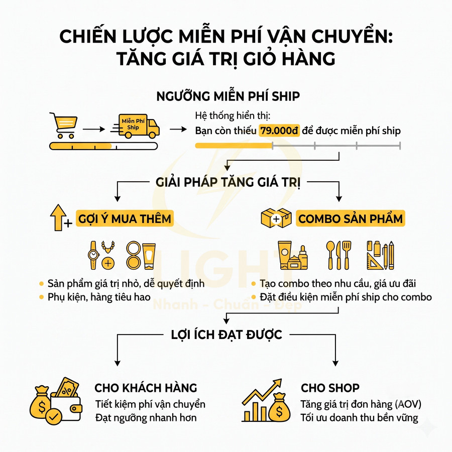 Chiến lược miễn phí vận chuyển tăng giá trị giỏ hàng với gợi ý mua thêm và combo sản phẩm cho shop online