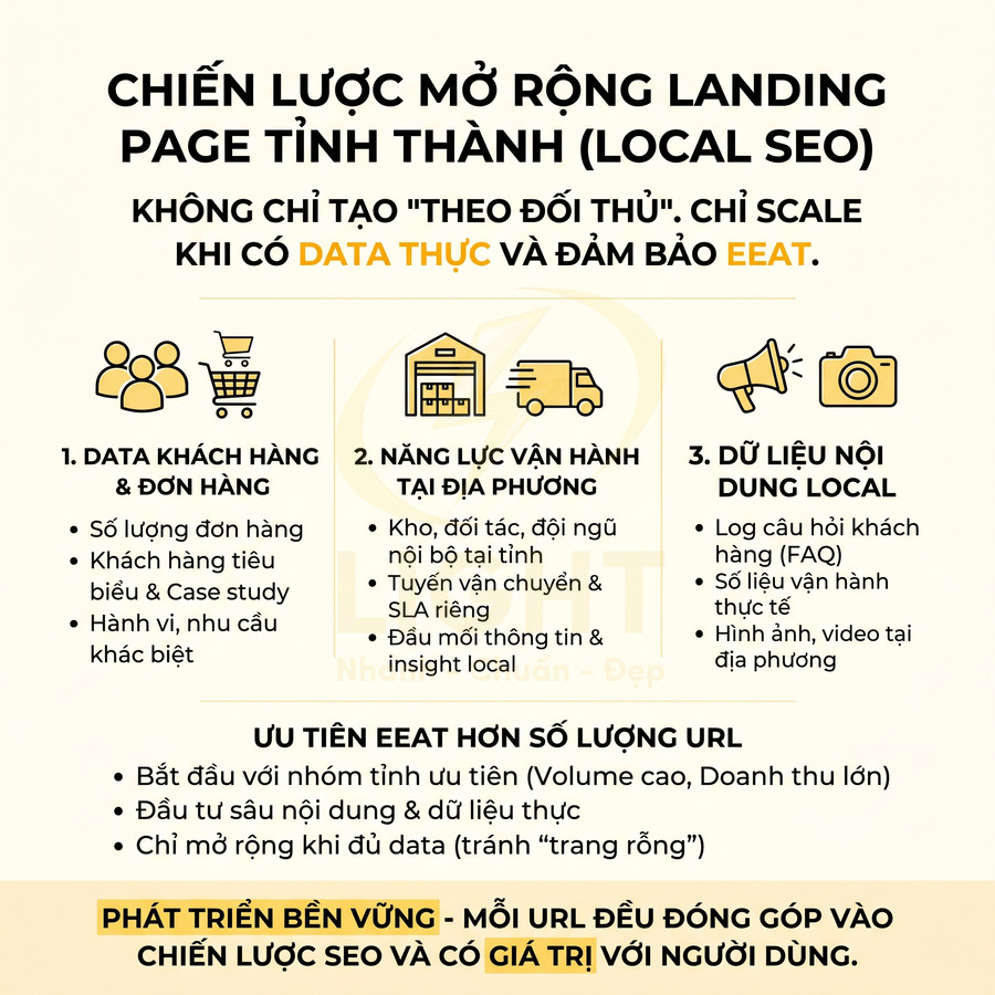 Chiến lược mở rộng landing page tỉnh thành local SEO với dữ liệu khách hàng, vận hành địa phương và nội dung local