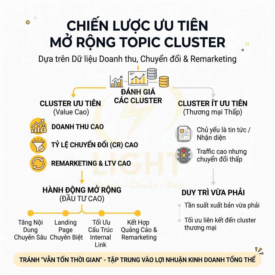 Chiến lược ưu tiên mở rộng topic cluster dựa trên doanh thu, chuyển đổi và remarketing trong marketing digital