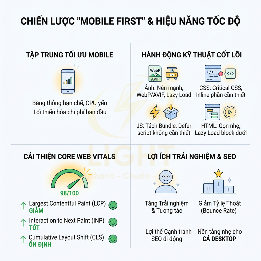 Infographic chiến lược mobile first tối ưu tốc độ web, cải thiện Core Web Vitals và lợi ích trải nghiệm người dùng, SEO