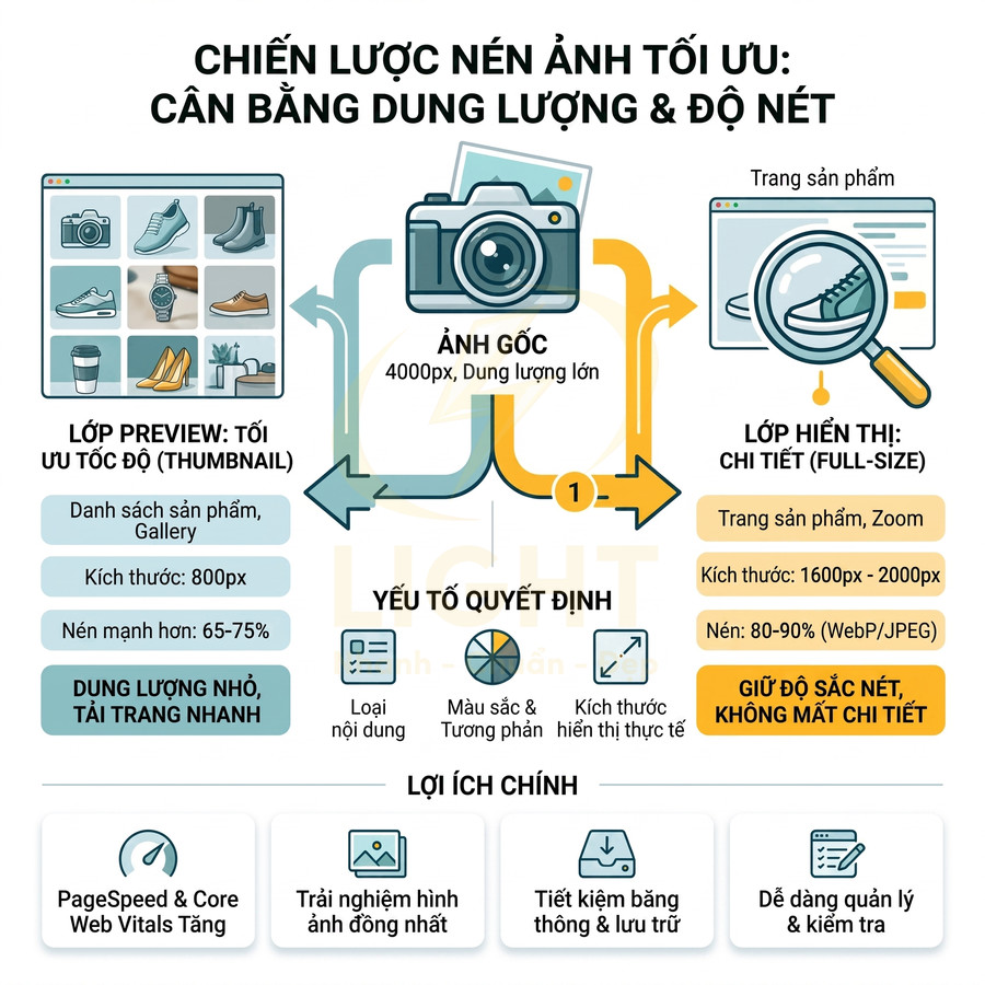 Infographic chiến lược nén ảnh tối ưu cho website, cân bằng dung lượng và độ nét để tăng tốc độ tải trang