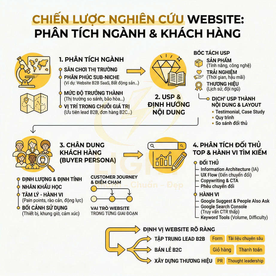 Chiến lược nghiên cứu website phân tích ngành và khách hàng với các bước USP, chân dung khách hàng, phân tích đối thủ