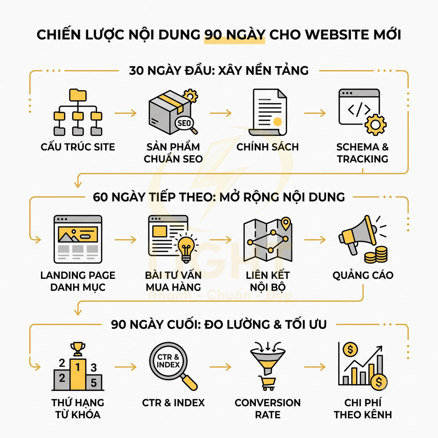 Chiến lược nội dung 90 ngày cho website mới với các bước xây nền tảng, mở rộng nội dung và đo lường tối ưu SEO