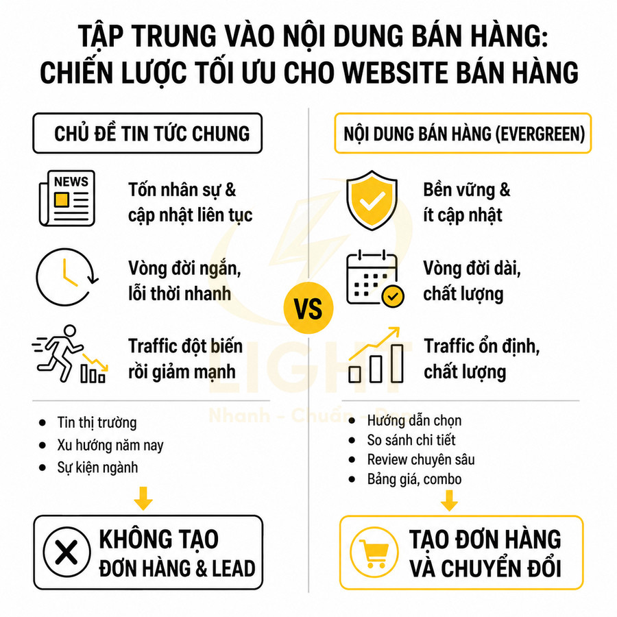 Infographic so sánh nội dung tin tức chung và nội dung bán hàng evergreen để tối ưu website bán hàng