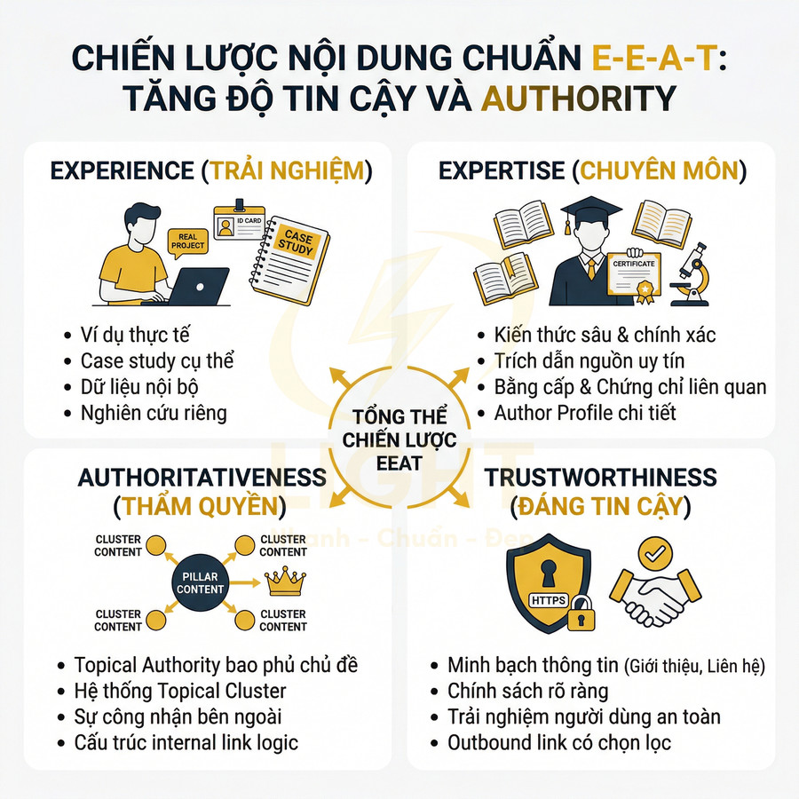 Infographic chiến lược nội dung chuẩn E-E-A-T với bốn yếu tố trải nghiệm, chuyên môn, thẩm quyền và độ tin cậy