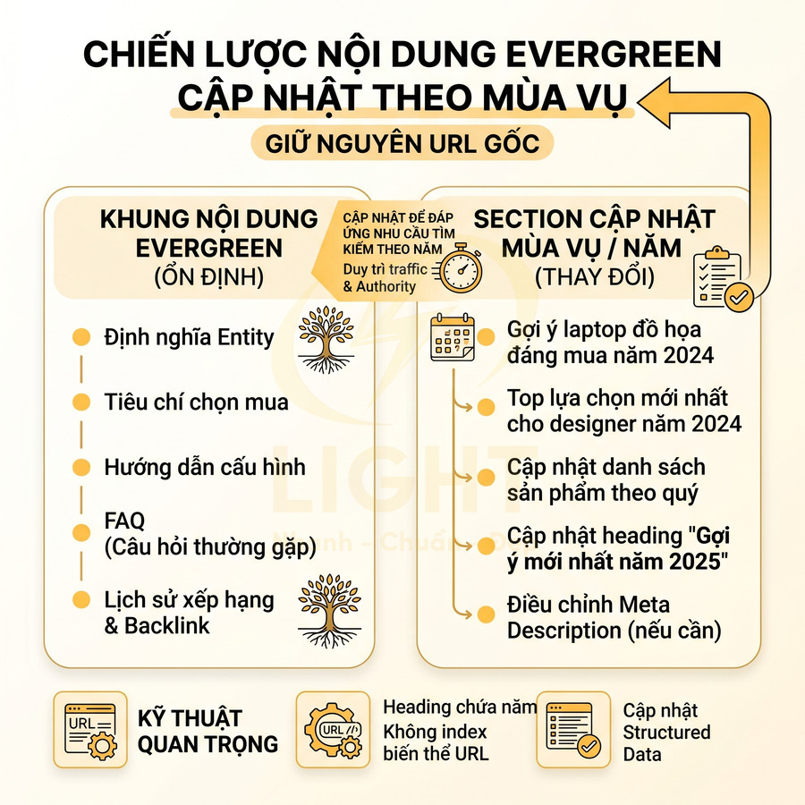Chiến lược nội dung evergreen cập nhật theo mùa vụ giữ nguyên URL gốc với khung nội dung ổn định và section thay đổi hàng năm