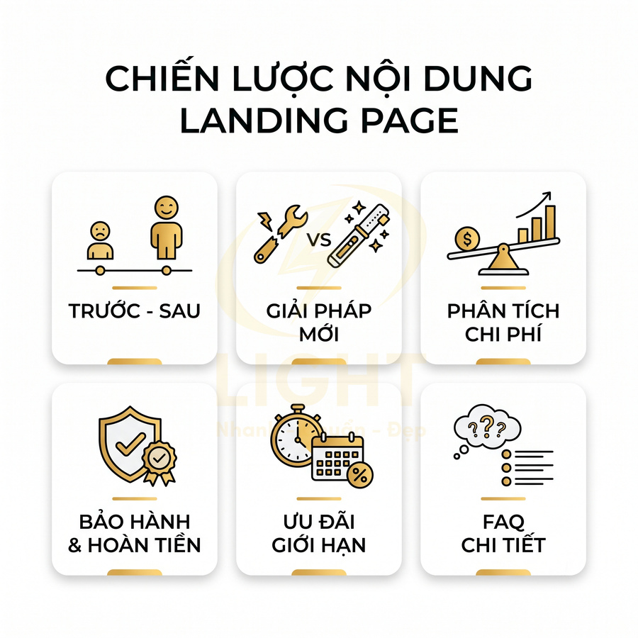 Chiến lược nội dung landing page với các mục trước sau, giải pháp mới, phân tích chi phí, bảo hành, ưu đãi, FAQ
