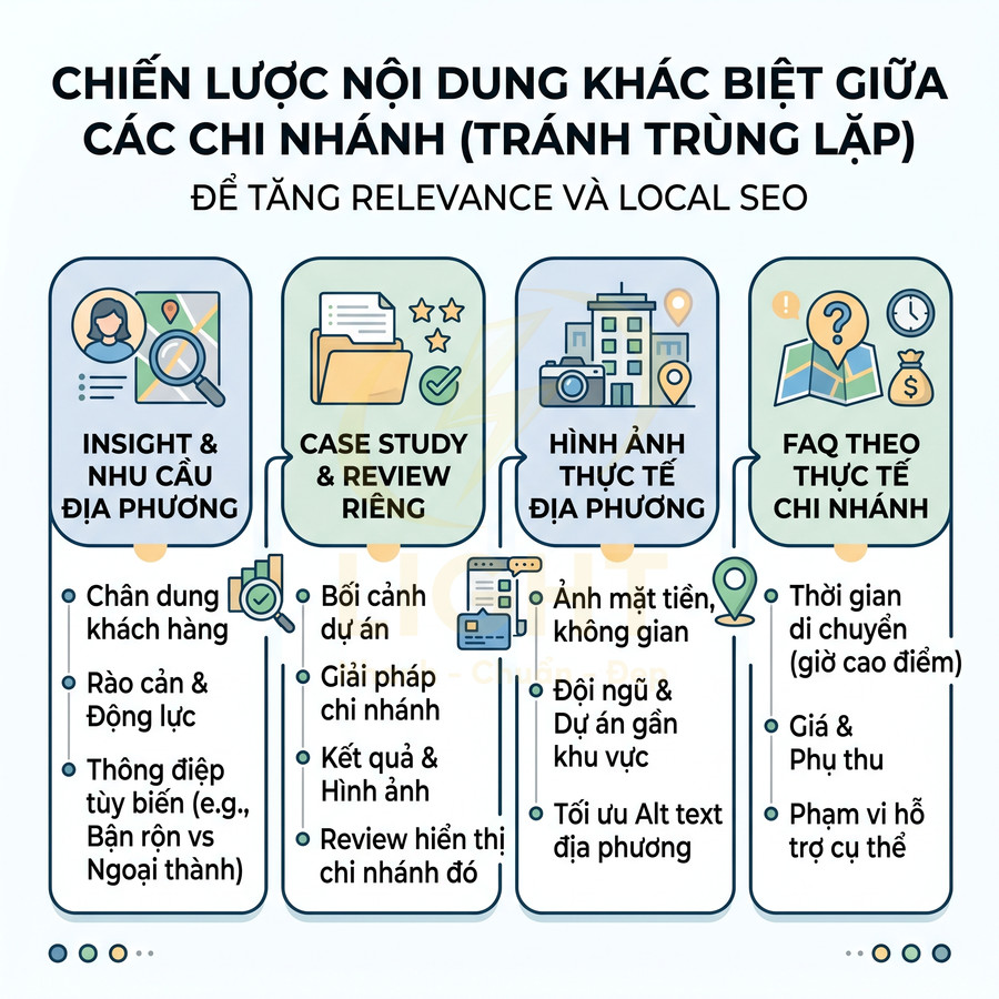 Infographic chiến lược nội dung khác biệt giữa các chi nhánh để tăng relevance và local SEO