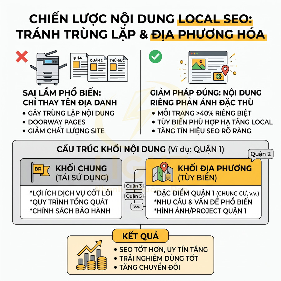 Chiến lược nội dung local SEO tránh trùng lặp và địa phương hóa, cấu trúc khối nội dung và kết quả đạt được