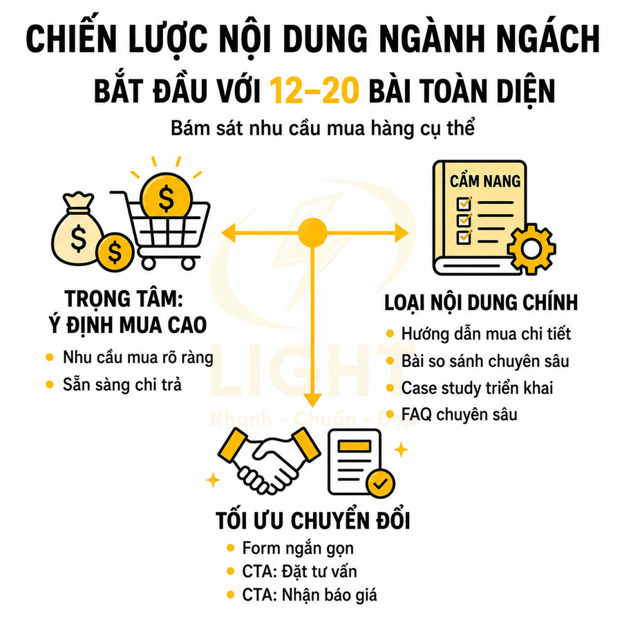 Chiến lược nội dung ngành ngách với 12 20 bài toàn diện tập trung ý định mua cao và tối ưu chuyển đổi