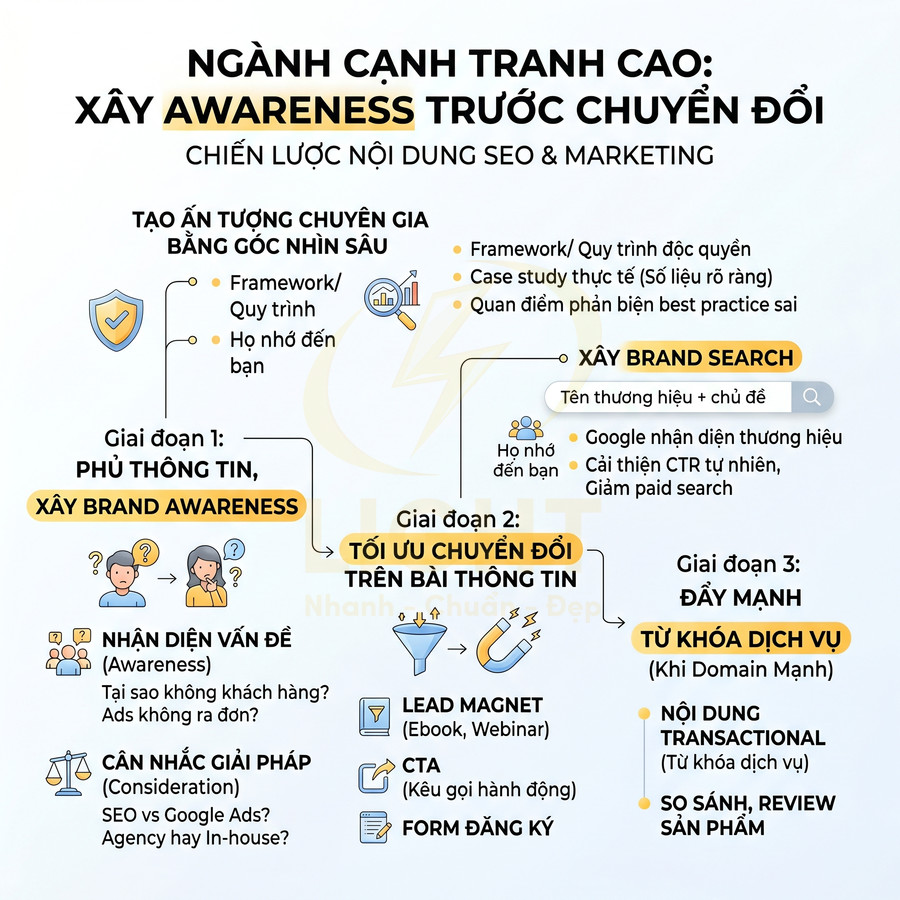 Chiến lược nội dung SEO marketing xây dựng brand awareness và tối ưu chuyển đổi qua ba giai đoạn