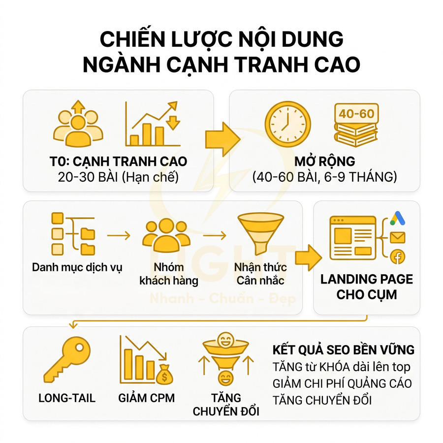 Chiến lược nội dung SEO cho ngành cạnh tranh cao với quy trình xây dựng landing page và tối ưu chuyển đổi