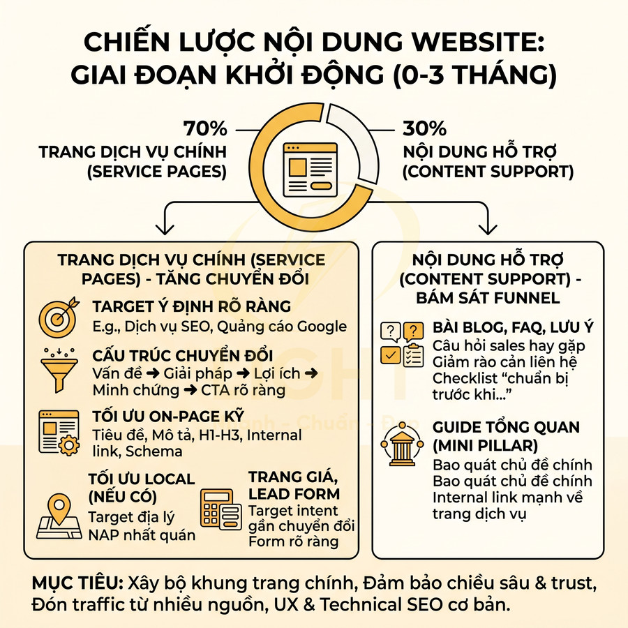 Chiến lược nội dung website giai đoạn khởi động với tỷ lệ 70 trang dịch vụ và 30 nội dung hỗ trợ