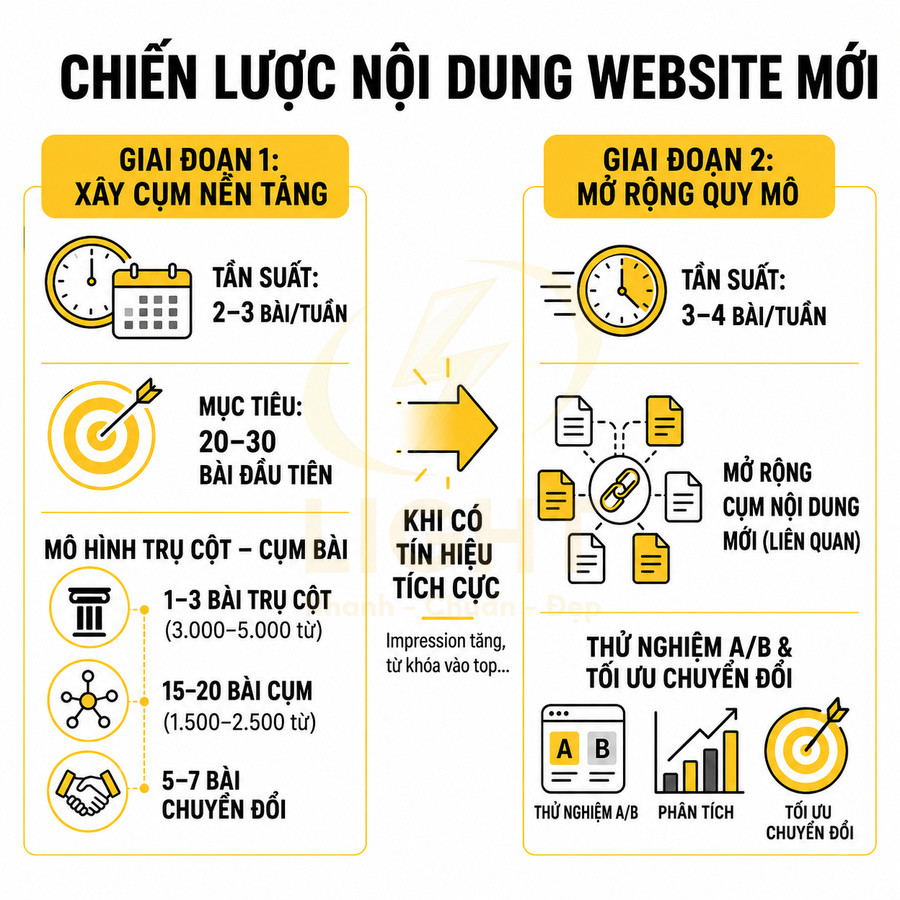 Chiến lược nội dung website mới với hai giai đoạn xây cụm nền tảng và mở rộng quy mô, tần suất và mục tiêu bài viết