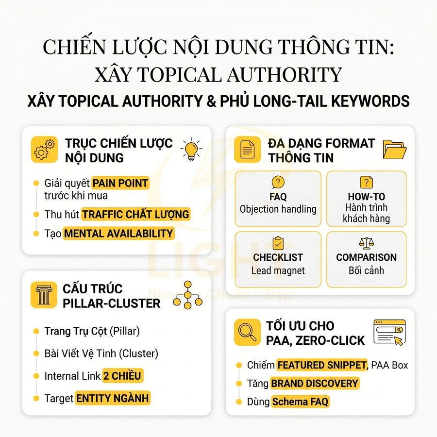 Chiến lược nội dung thông tin xây topical authority và tối ưu long tail keywords cho SEO