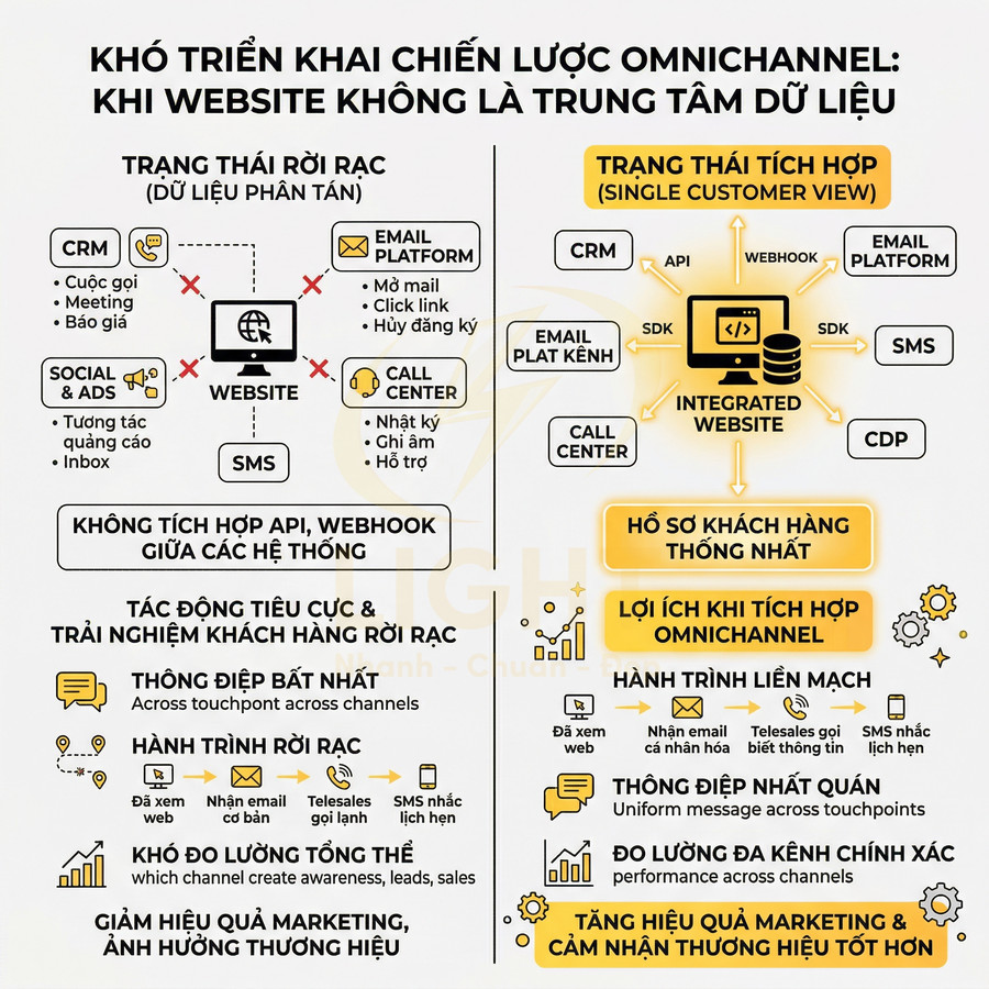 Mô hình so sánh website rời rạc và website tích hợp dữ liệu trung tâm trong chiến lược omnichannel