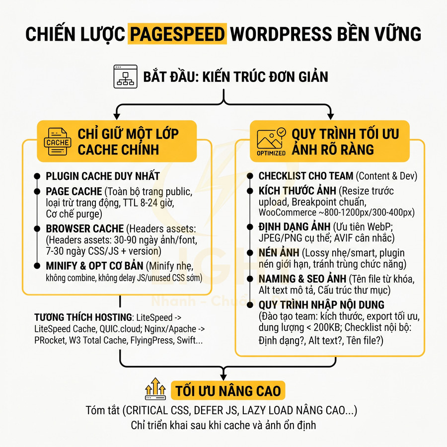 Chiến lược tối ưu PageSpeed WordPress với kiến trúc đơn giản, cache một lớp và quy trình tối ưu hình ảnh rõ ràng