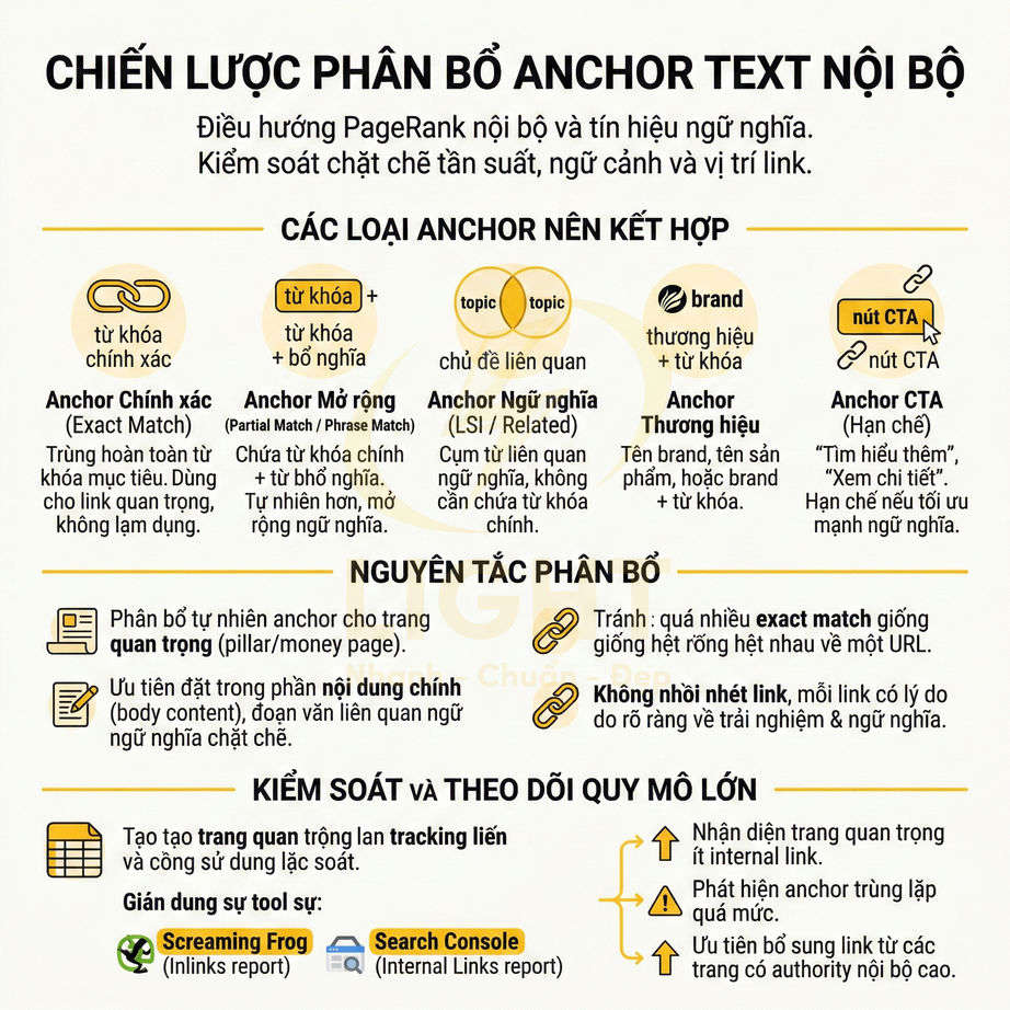Chiến lược phân bổ anchor text nội bộ với các loại anchor, nguyên tắc phân bổ và cách kiểm soát link nội bộ
