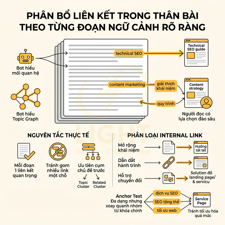 Chiến lược phân bổ internal link trong thân bài, minh họa cấu trúc bài viết và lợi ích cho SEO