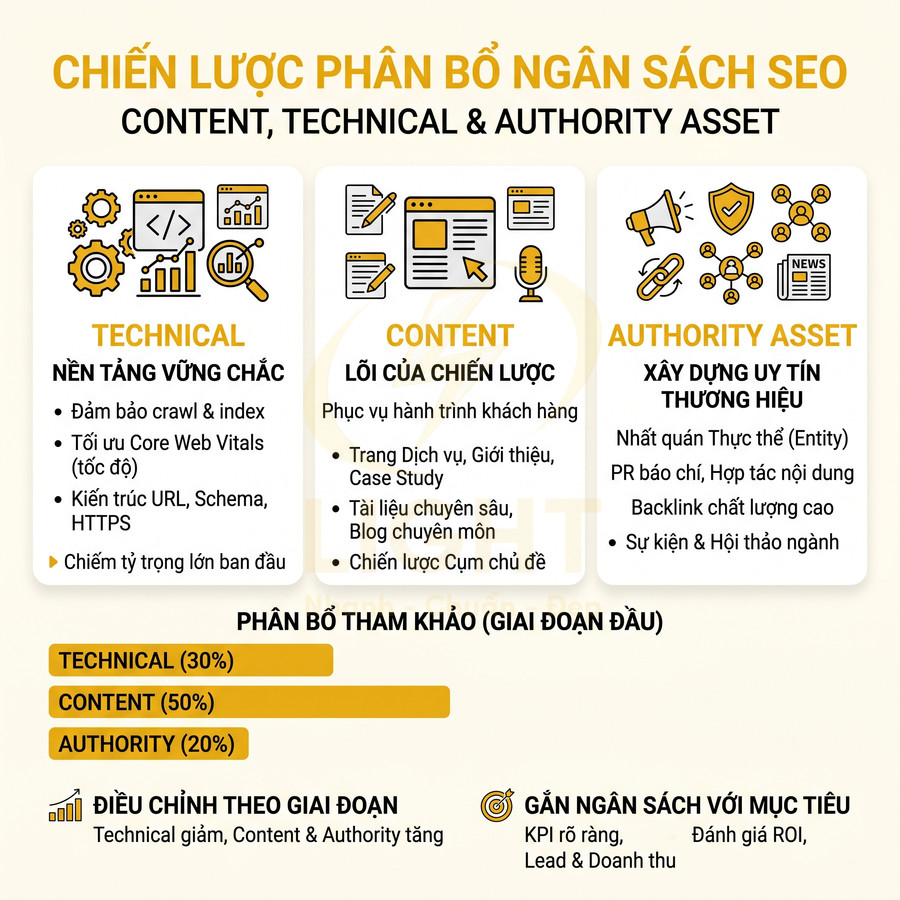 Chiến lược phân bổ ngân sách SEO giữa technical content authority asset và tỷ lệ gợi ý theo giai đoạn đầu