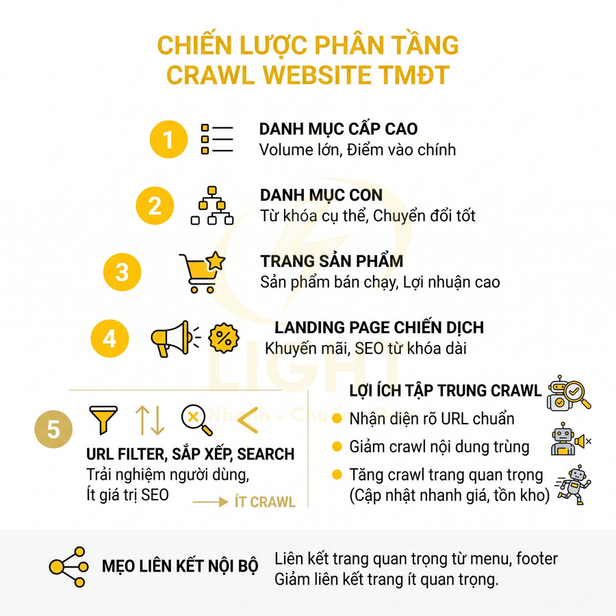 Chiến lược phân tầng crawl website TMĐT với danh mục, trang sản phẩm, landing page và mẹo liên kết nội bộ