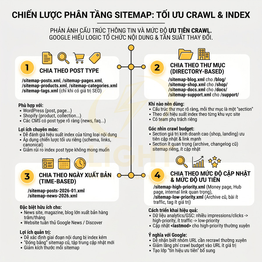 Chiến lược phân tầng sitemap tối ưu crawl và index với 4 cách chia sitemap cho website SEO