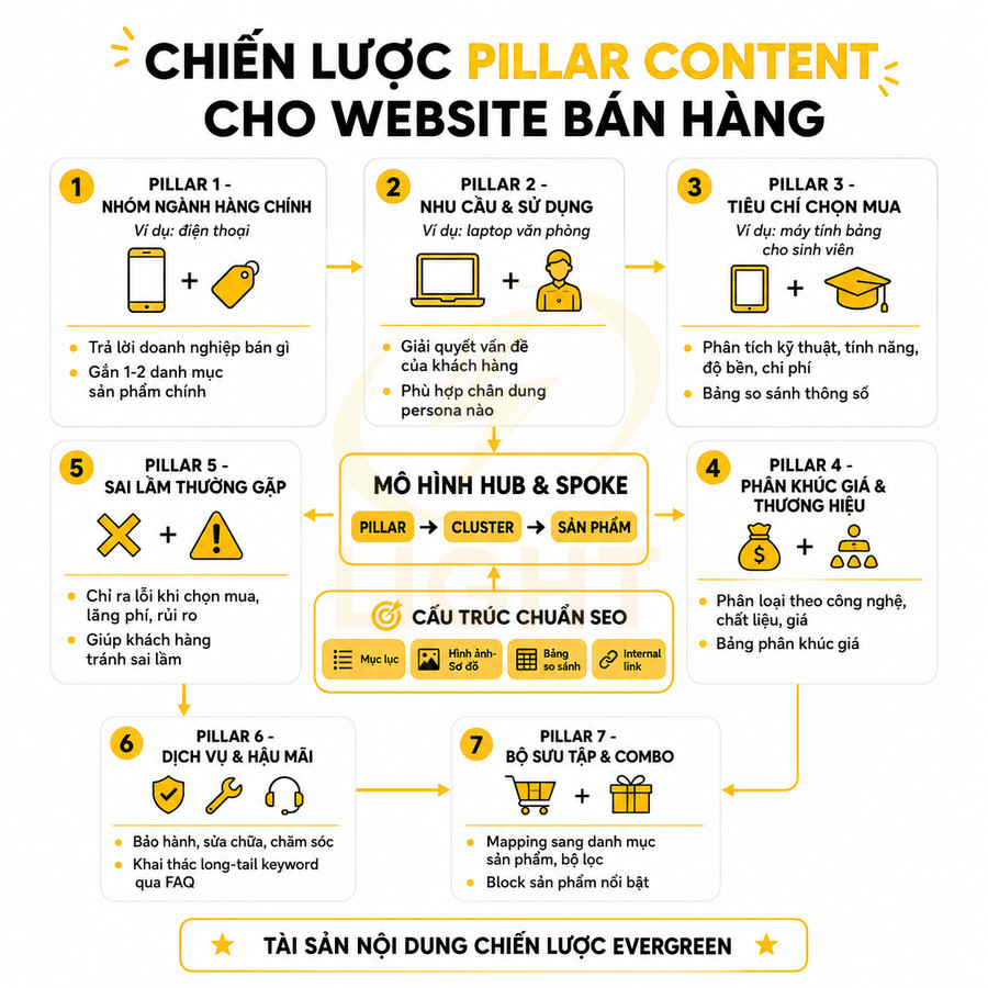 Chiến lược pillar content cho website bán hàng với 7 trụ cột nội dung và mô hình hub and spoke chuẩn SEO