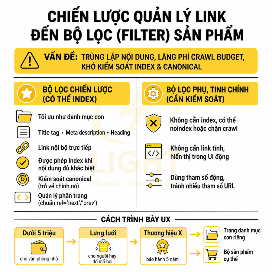 Infographic chiến lược quản lý link đến bộ lọc sản phẩm và cách trình bày UX cho danh mục sản phẩm