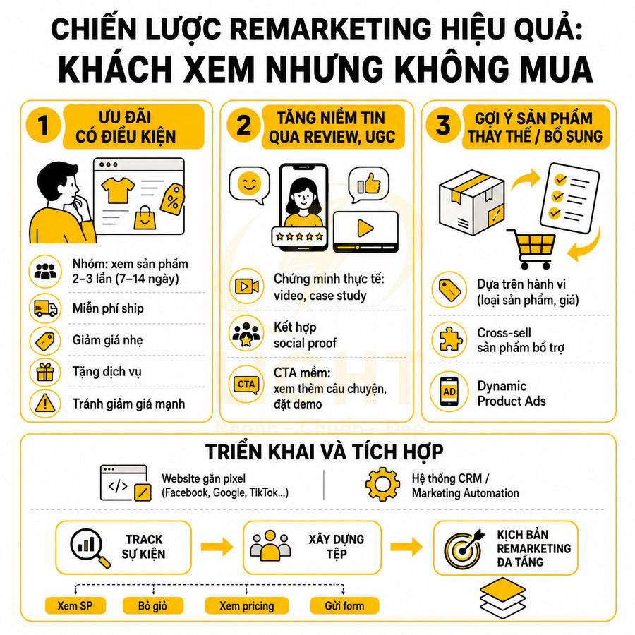Infographic chiến lược remarketing đa tầng cho khách xem sản phẩm nhưng không mua trong marketing online