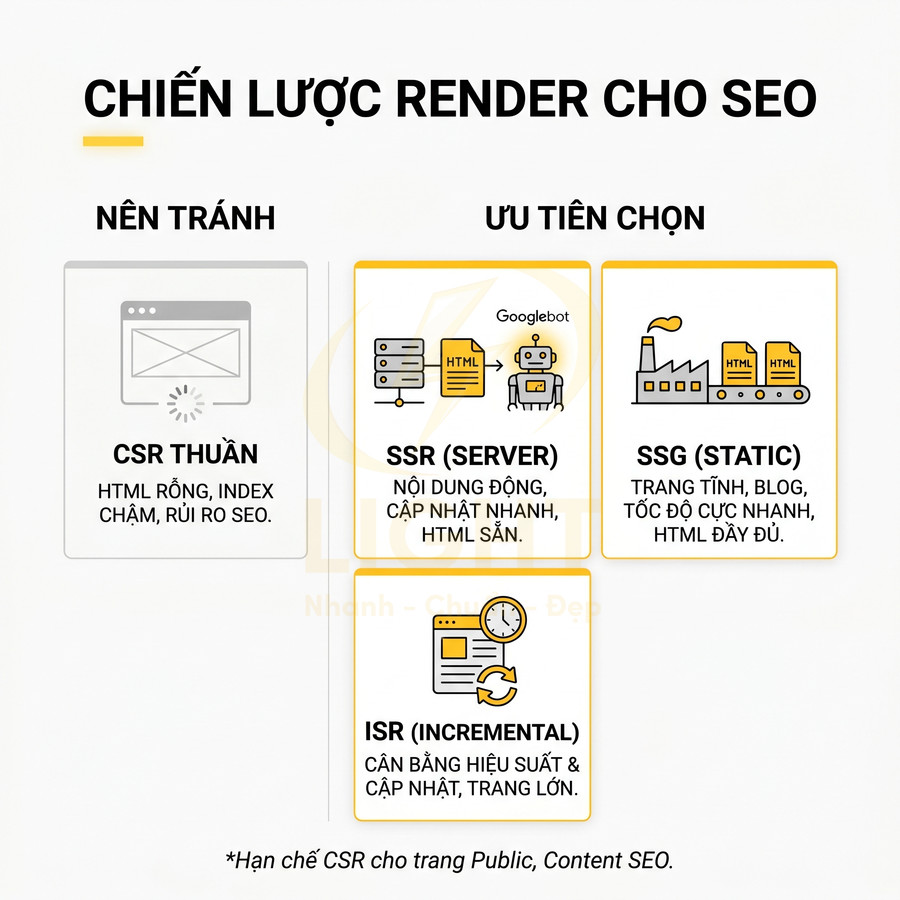 Chiến lược render cho SEO so sánh CSR thuần với SSR, SSG và ISR, khuyến nghị ưu tiên SSR, SSG, ISR