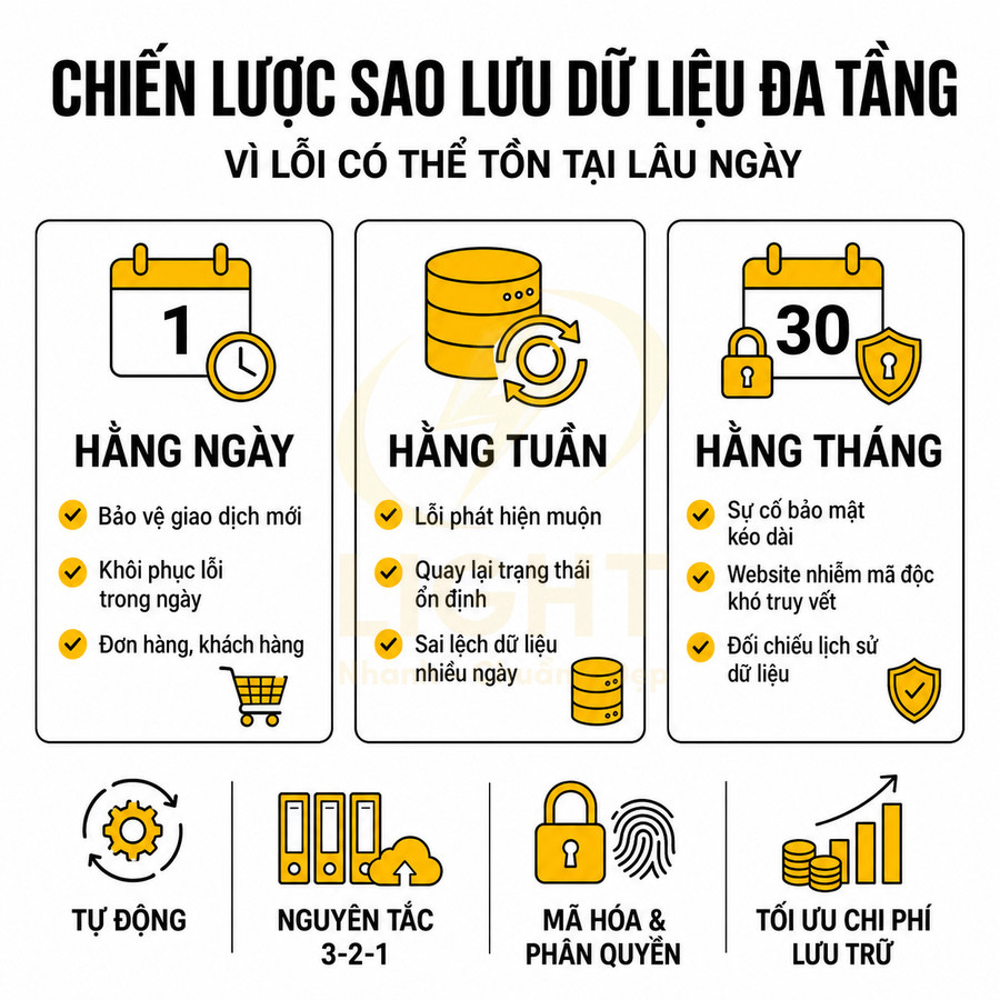 Chiến lược sao lưu dữ liệu đa tầng hàng ngày hàng tuần hàng tháng với tự động hóa mã hóa và tối ưu chi phí lưu trữ
