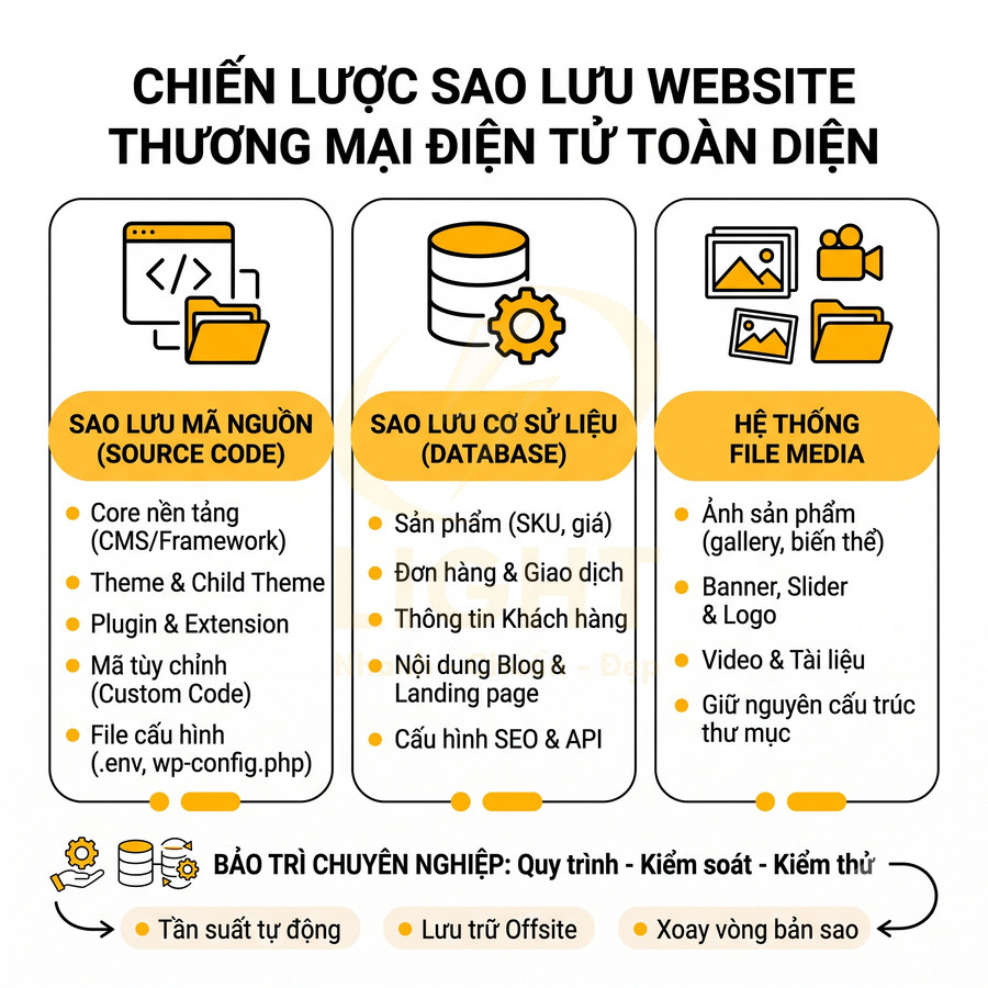 Chiến lược sao lưu website thương mại điện tử toàn diện gồm mã nguồn, cơ sở dữ liệu và hệ thống file media