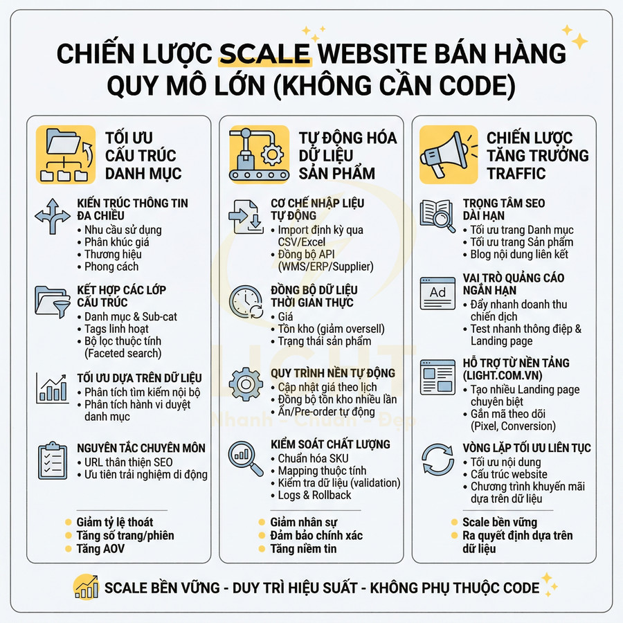 Chiến lược scale website bán hàng quy mô lớn không cần code với tối ưu danh mục, tự động hóa dữ liệu và tăng trưởng traffic