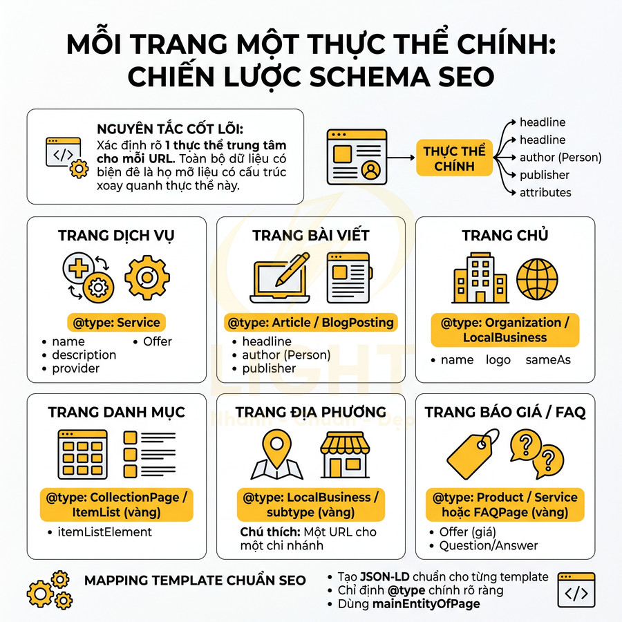 Chiến lược schema SEO cho từng loại trang web với thực thể chính và template JSON LD chuẩn