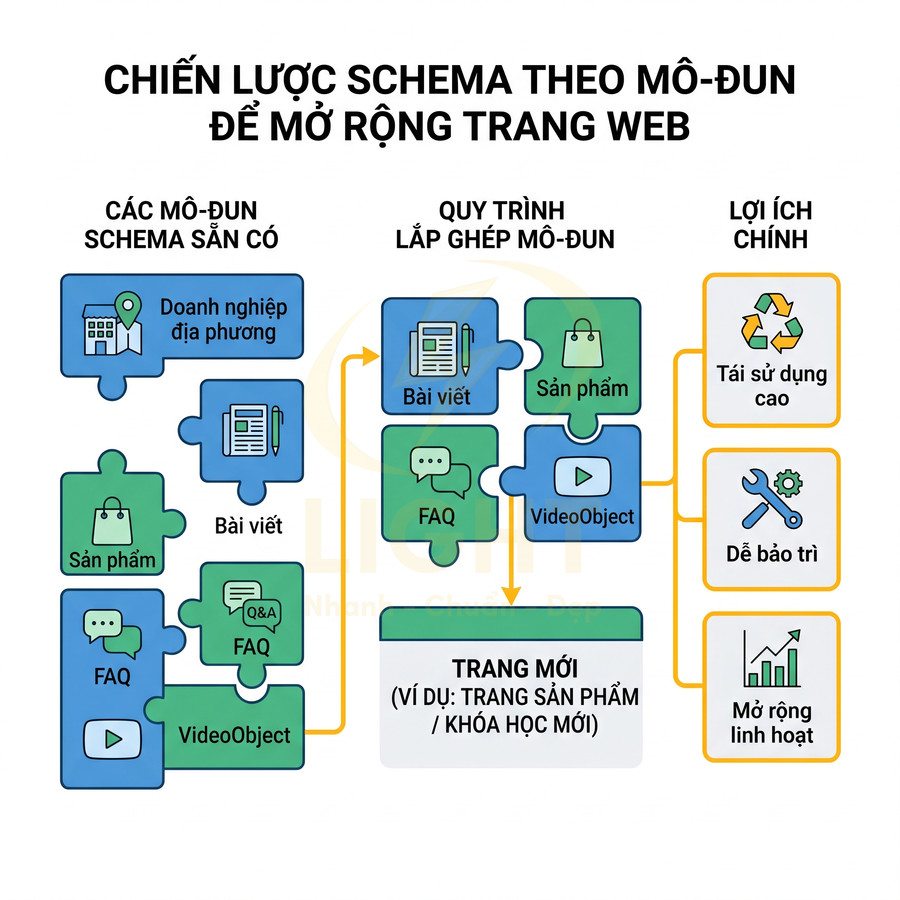 Chiến lược schema theo mô đun để mở rộng trang web với các loại schema bài viết sản phẩm FAQ video và lợi ích chính