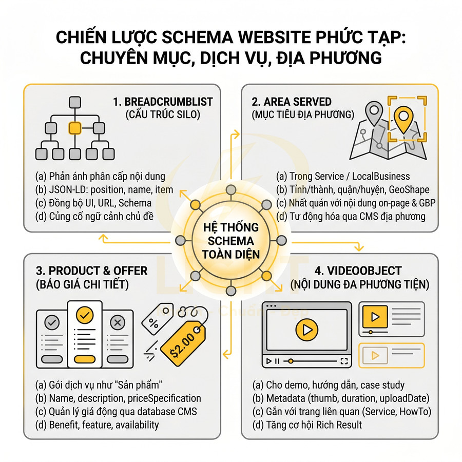 Chiến lược schema website phức tạp cho chuyên mục dịch vụ địa phương với hệ thống schema toàn diện