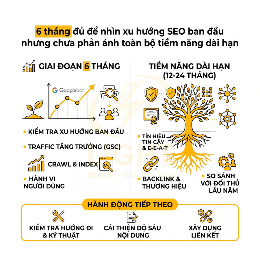 Infographic quy trình SEO 6 tháng và tiềm năng dài hạn 12-24 tháng với các bước tối ưu và xây dựng liên kết