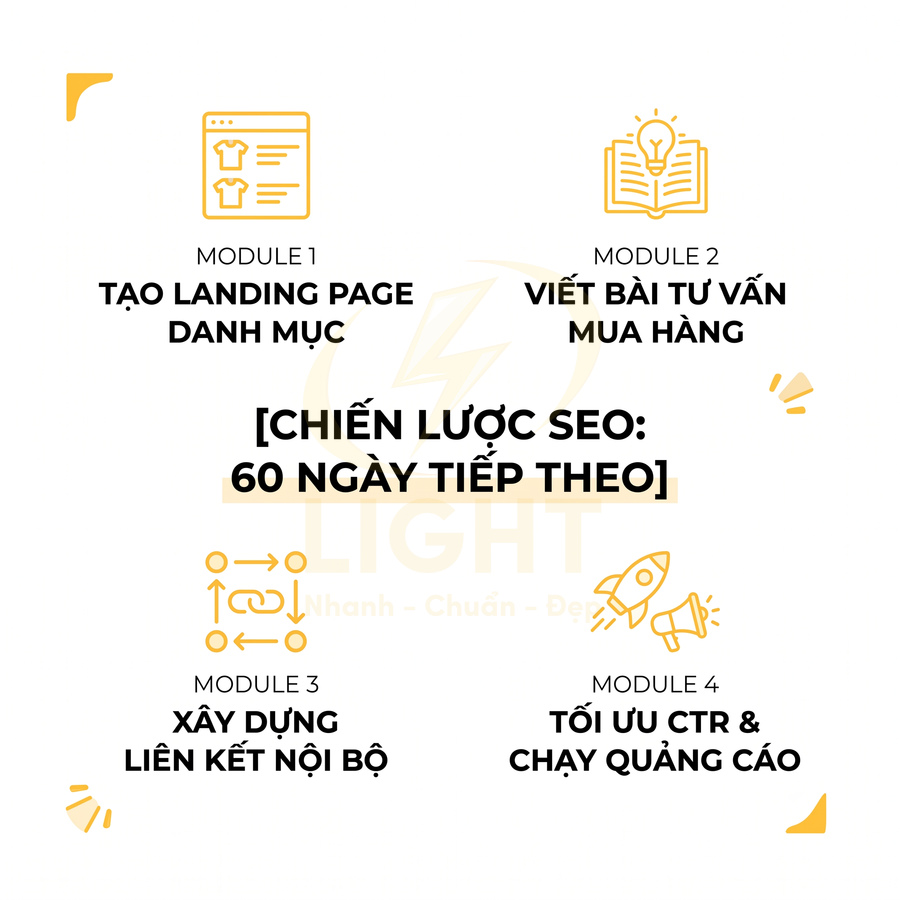 Khóa học chiến lược SEO 60 ngày với 4 module về landing page, content tư vấn, liên kết nội bộ, tối ưu CTR và quảng cáo