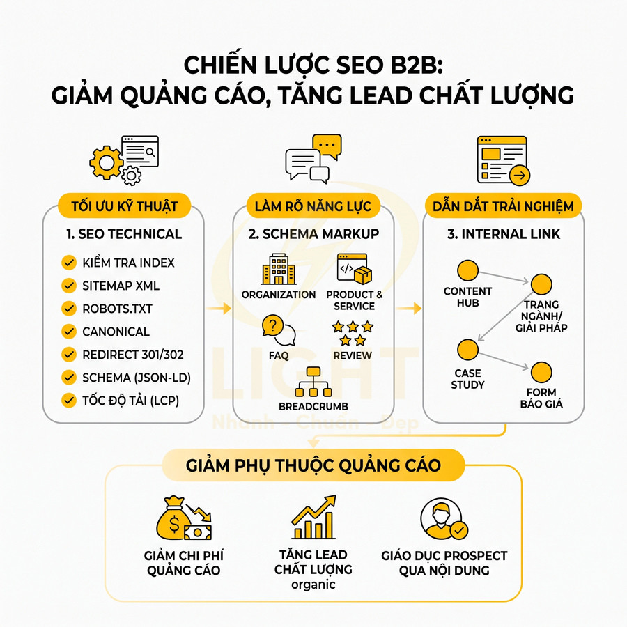 Chiến lược SEO B2B giảm phụ thuộc quảng cáo với tối ưu kỹ thuật, schema markup và internal link