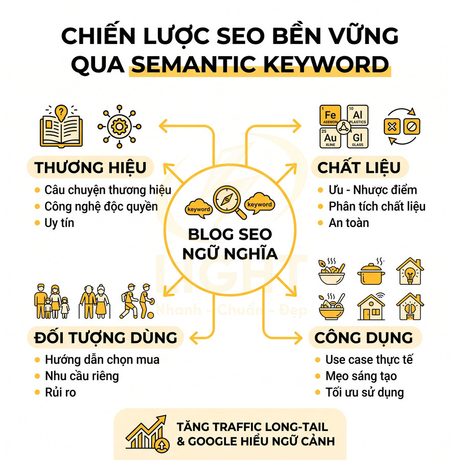 Chiến lược SEO bền vững qua semantic keyword cho blog, tập trung thương hiệu, chất liệu, đối tượng dùng và công dụng